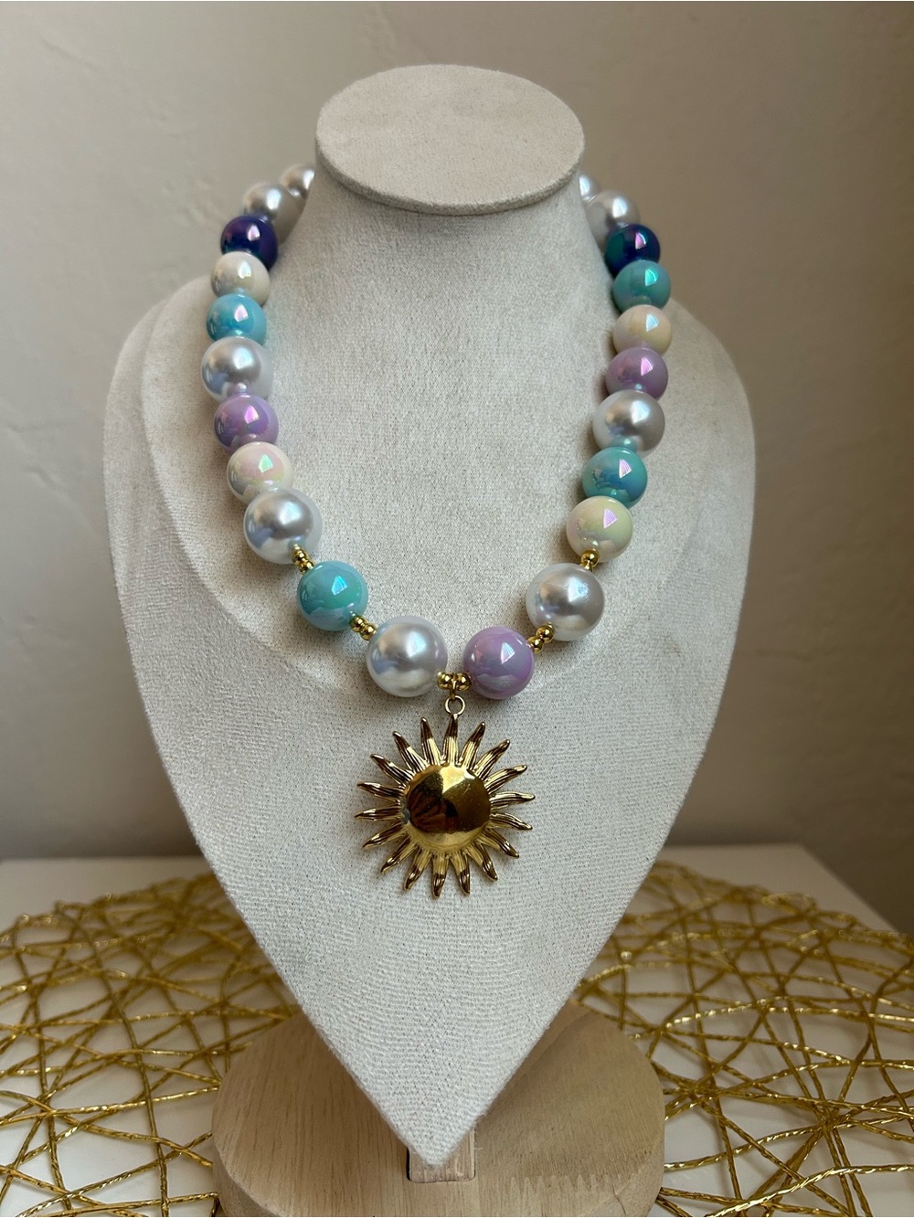Gold Sun Pendant Pastel Bead Necklace - Unbranded